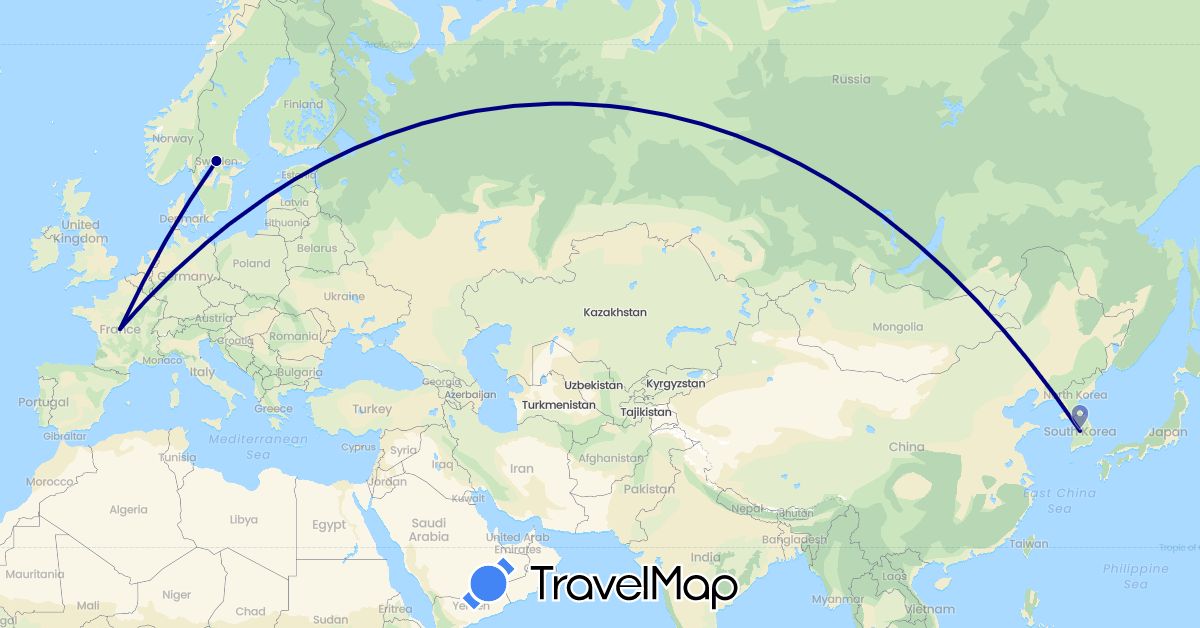 TravelMap itinerary: driving in France, South Korea, Sweden (Asia, Europe)